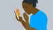 animation of woman looking at phone on fire